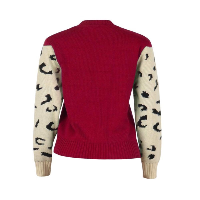 JUNBOON Womenâ€™s Casual Leopard Print Knitted Pullover Sweaters Long Sleeve Crew Neck Jumper Tops Red - Image 4